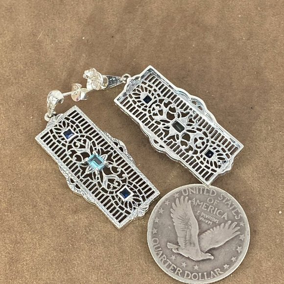 Dazzling 4x3MM Radiant Aquamarine & 2MM Blue Sapphire 925 Filigree Earrings - Picture 4 of 5